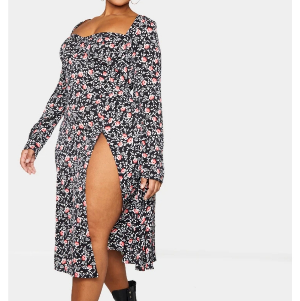 PrettyLittleThing black and pink floral dress with split and wired cups size 26